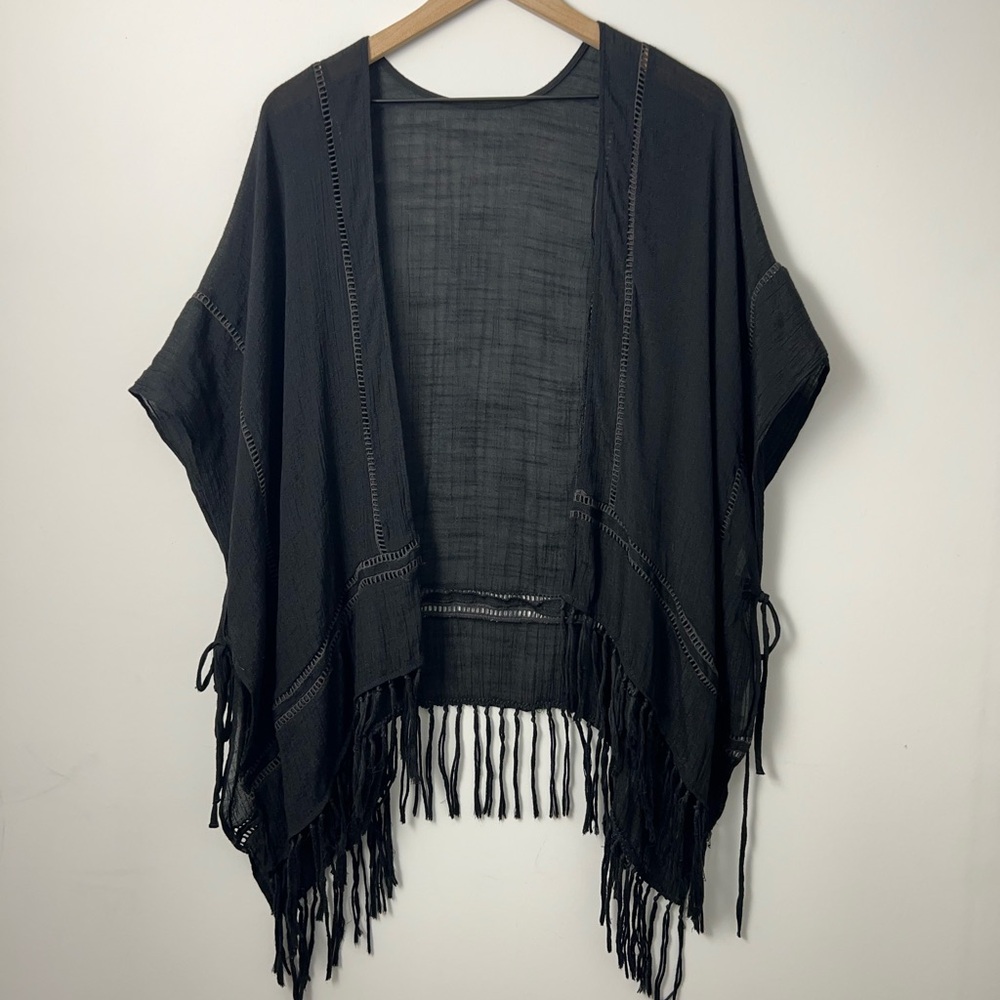 Black Fringe Kimono With Side Ties, Free Size